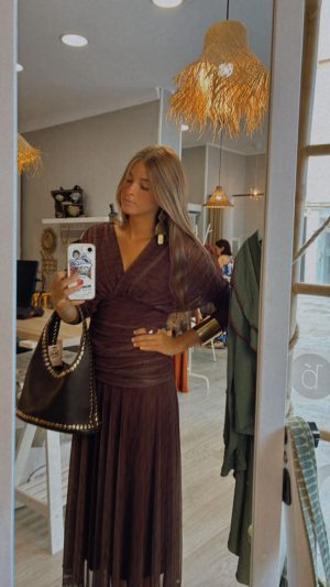 Vestido gasa manga larga marrón chocolate