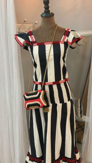 Conjunto Top y Falda rayas ribetes en Rojo